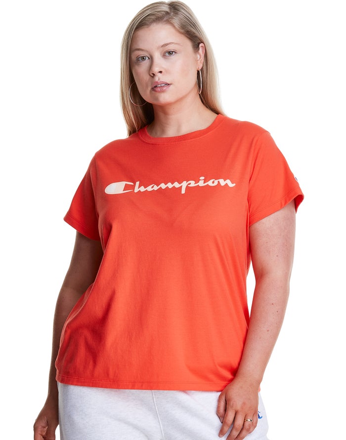 Champion Dame T-Shirts Orange - Plus Classic Script Logo - Danmark SIP-647059